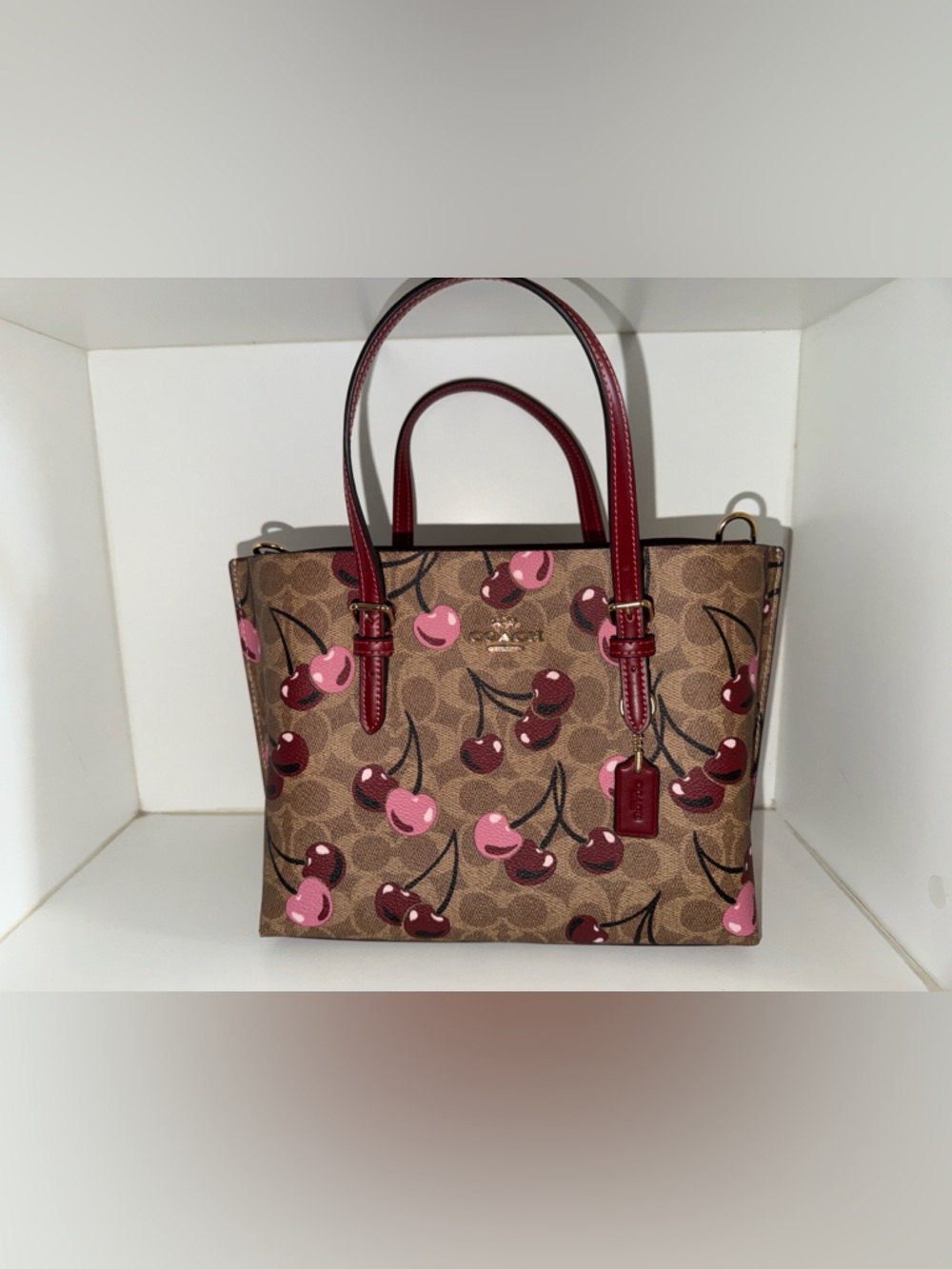 Coach Mollie Tote Cherry Print Signature Satchel in Brown and Pink
